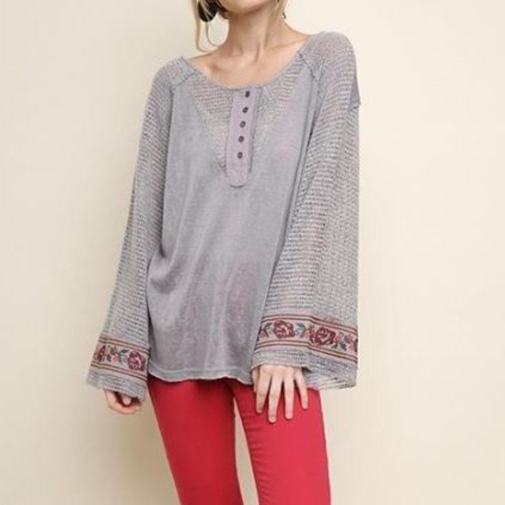 Scoop Neck with Floral Embroidered‎ Bell Sleeves